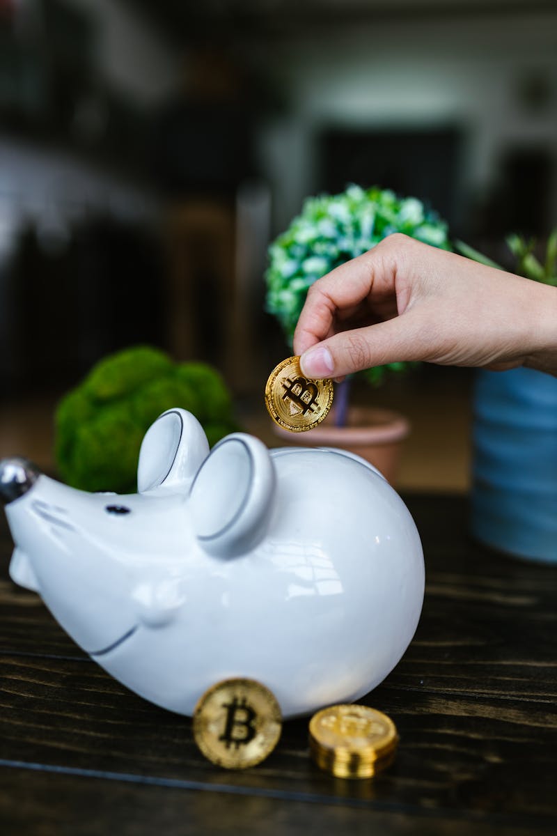 A person putting a Bitcoin token into a mouse-shaped piggy bank indoors.